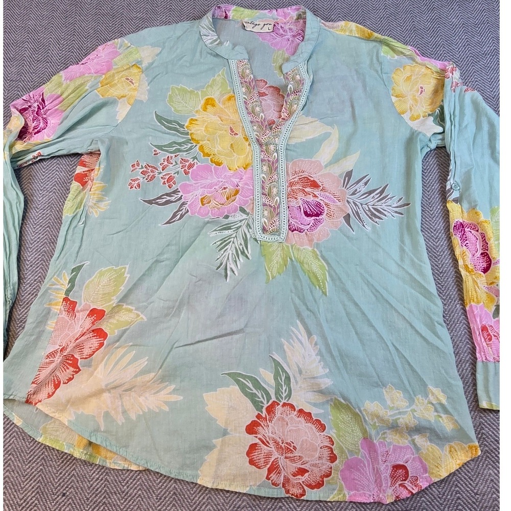 Vintage Goa Floral Cotton Tunic Top Aqua Blue Pink Yellow Large Boho Embroidered